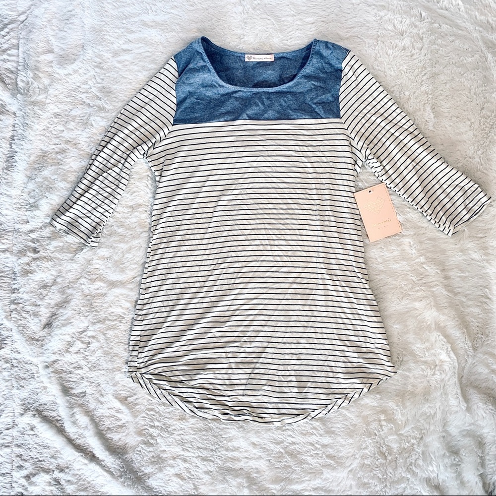 Women’s Maternity Striped Shirt Blue Jean Collar